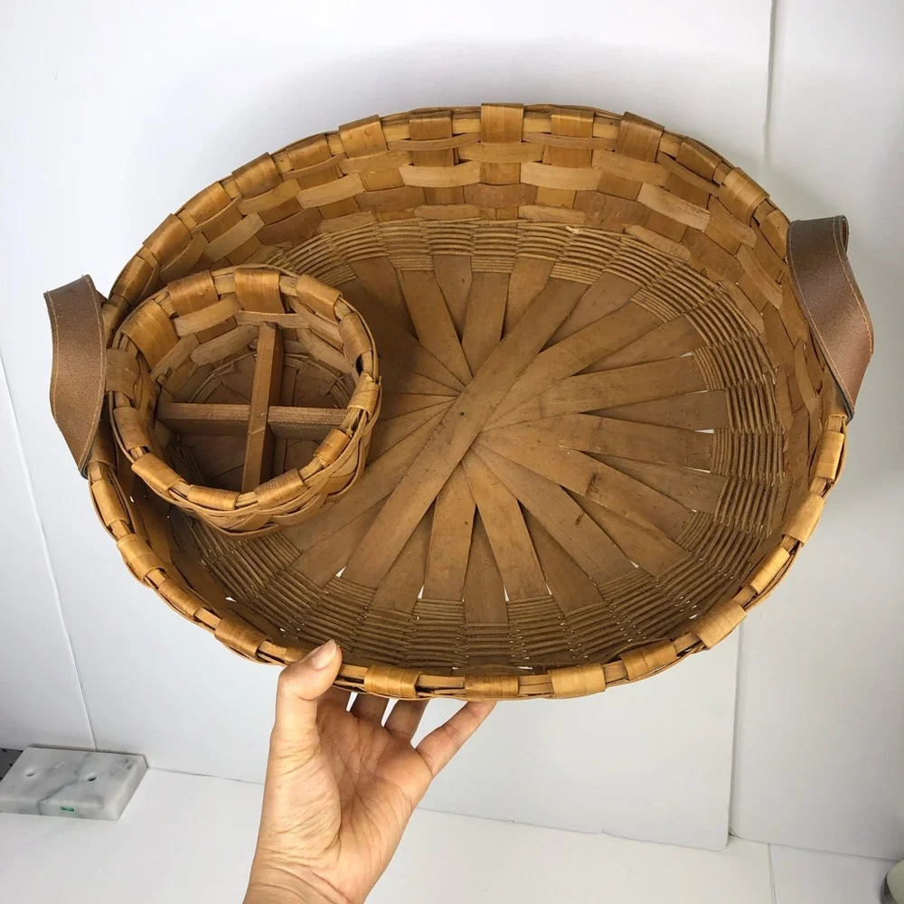 VTG Oval Wood Woven Basket Tray Faux Leather Handles w/ Round Organizer Dividers